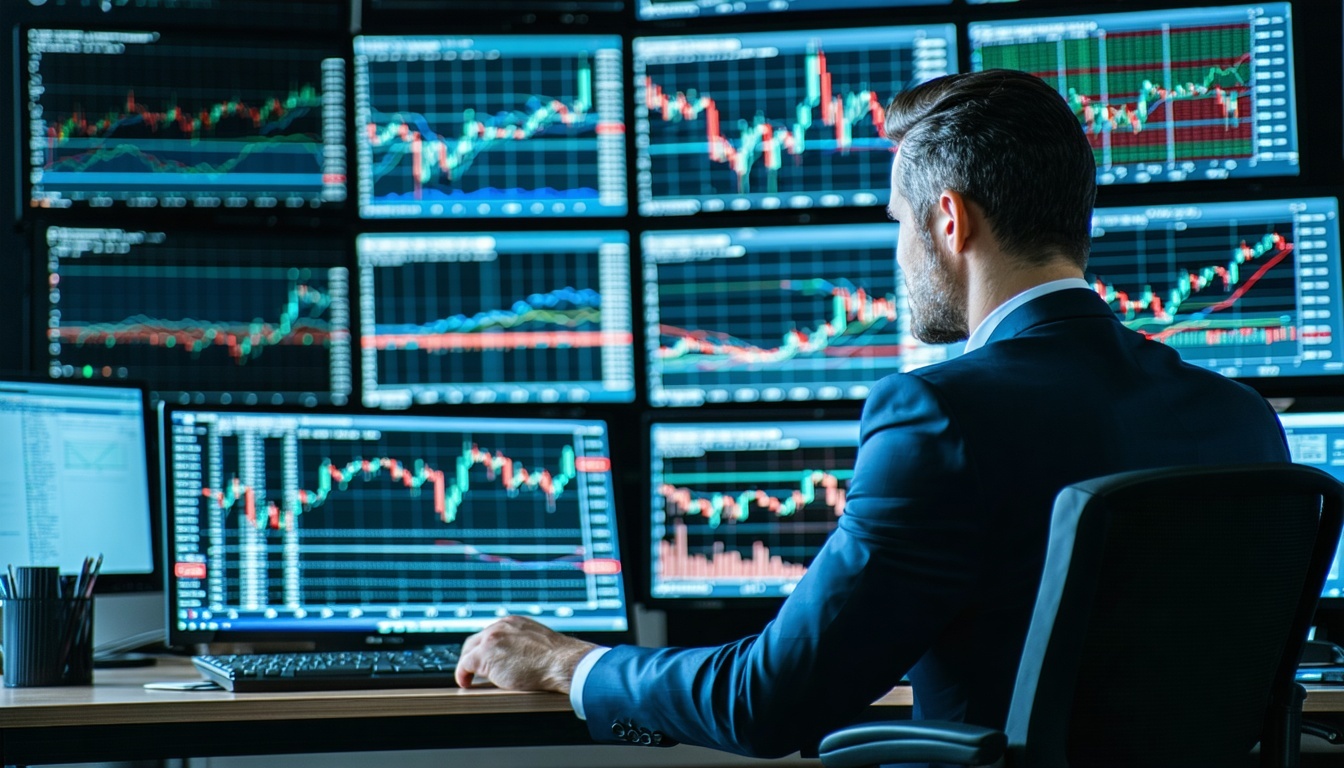 A trader analyzing currency exchange rates on mult